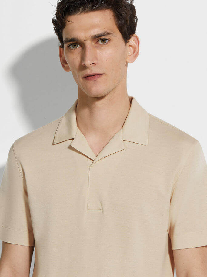 Light Beige Silk and Cotton Piquet Polo Shirt At Priimo